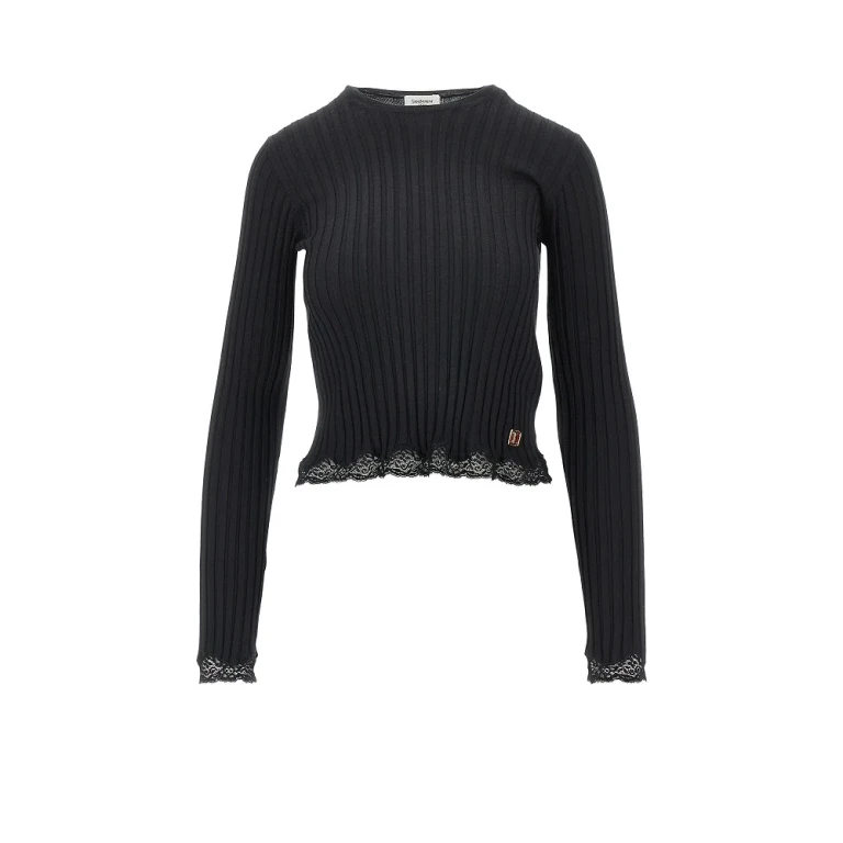 Ribbed knit top with lace hem Woman S