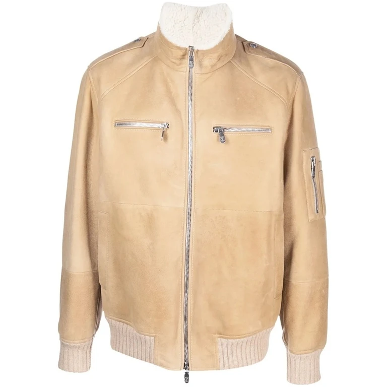Men's Beige Shearling Collar Zip Front Jacket