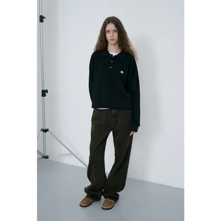 UNISEX LEATHER LOGO COLLARED T-SHIRT BLACK