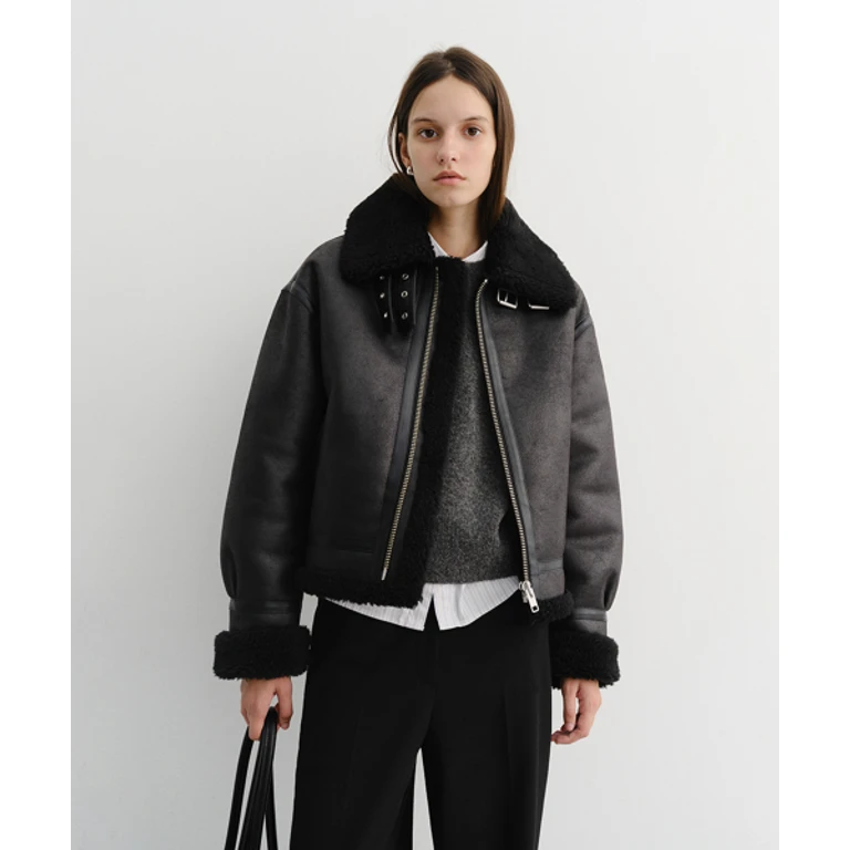 UNISEX LOOSE FIT LINE SHEARLING JACKET_UDJU5D123_BLACK