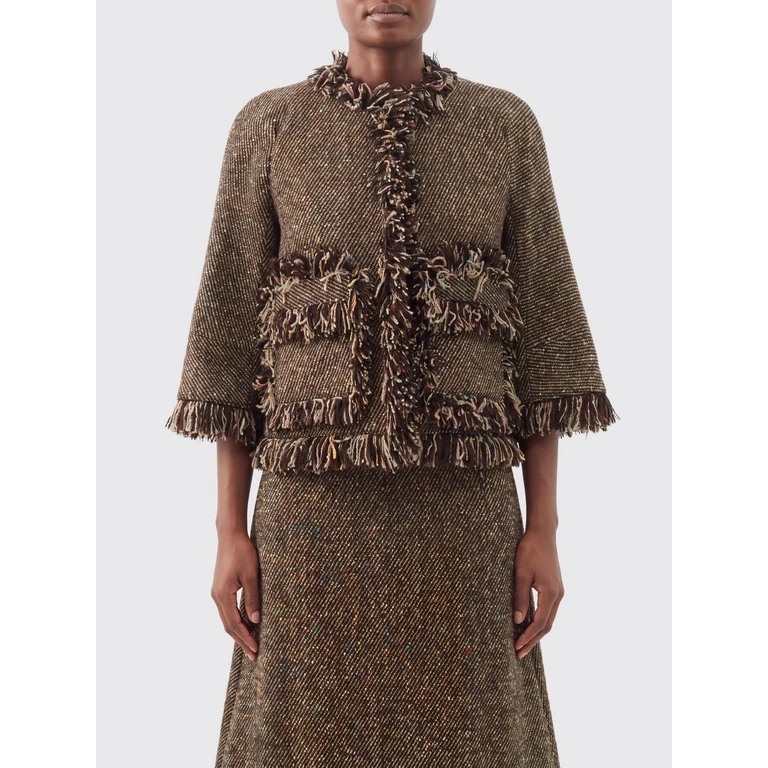 Wool Blend Short Jacket with Fringed Neckline and Patch Pockets (2608772651)