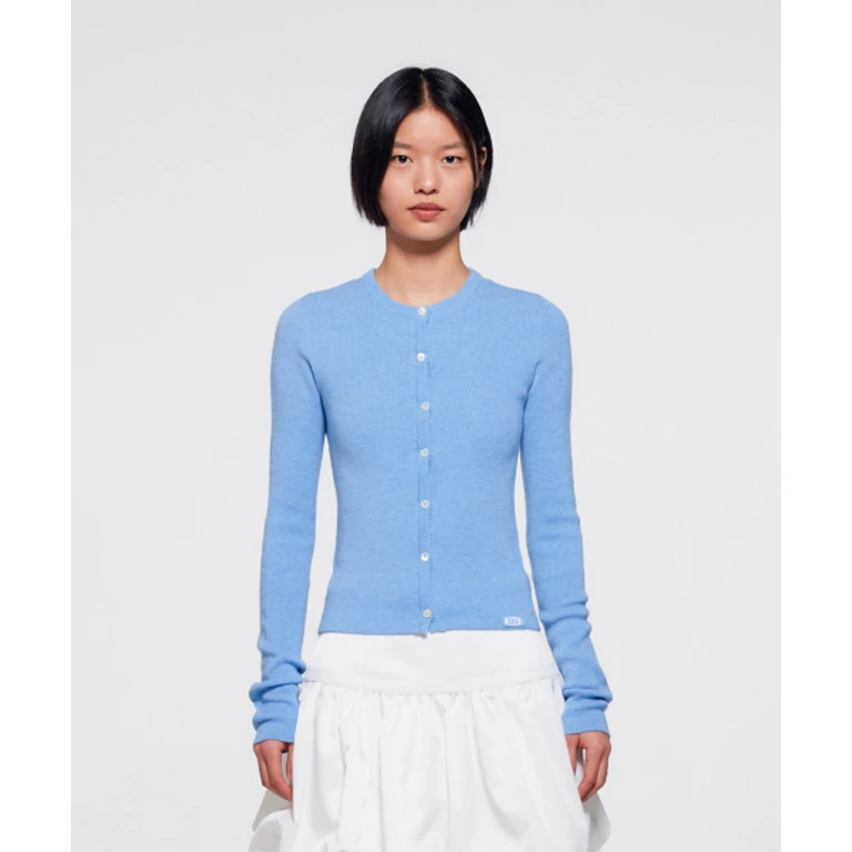 WOMEN SLIM COLLARLESS KNIT CARDIGAN - SOFT BLUE