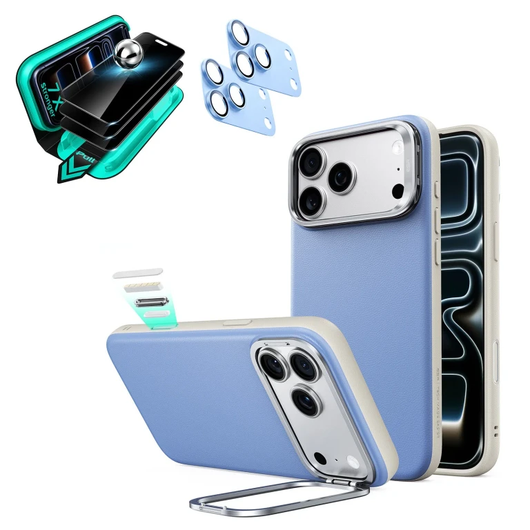 iPhone 18 Pro Max Bundle Atelier Silicone Leather Magnetic Case with Camera Control and Flex Stand, Plus Armorite®️ Privacy Screen - Misty Blue