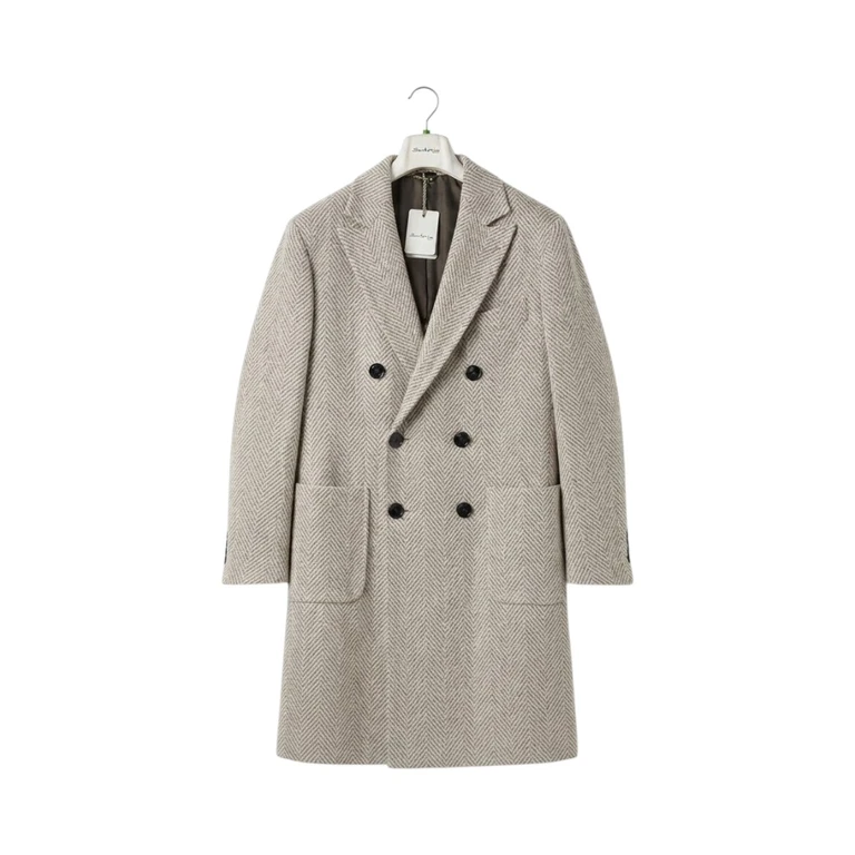 Giacca Cappotto Doppiopetto in Tessuto Houndstooth Bianco e Beige