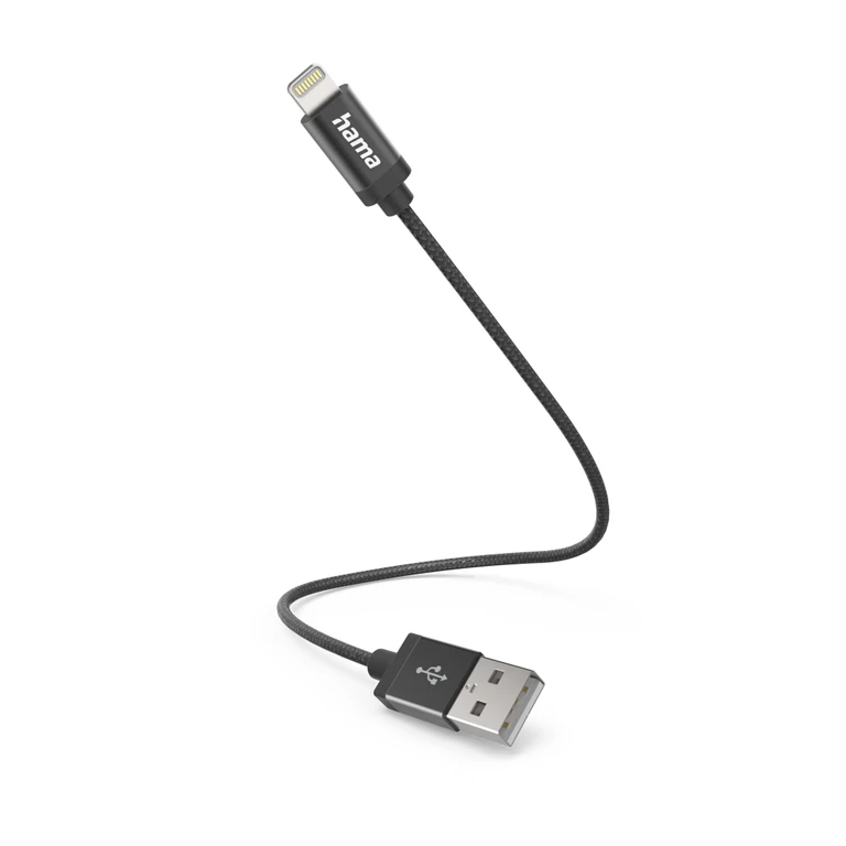 Charging Cable, USB-A - Lightning, 0.2 m, Nylon, black