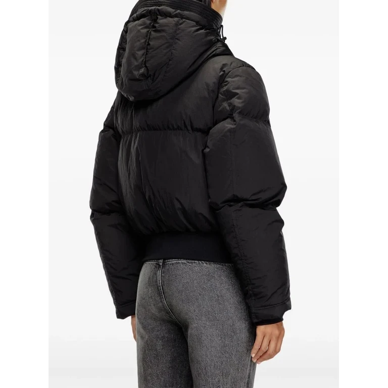 Giacca Crop Nera in Nylon con Cappuccio