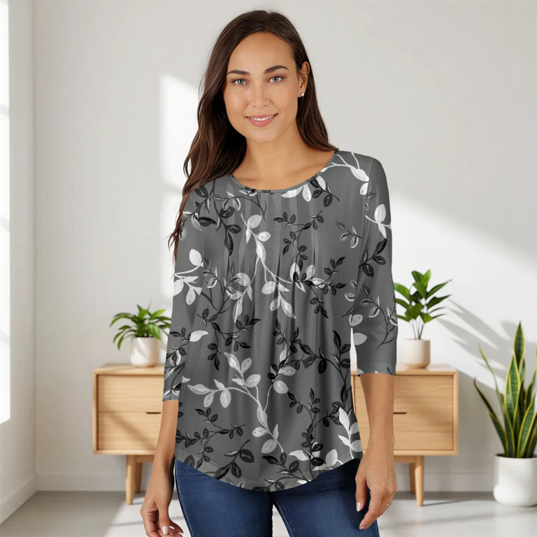 Grey and White Floral Pleated Three-Quarter Sleeve Tunic by Bon Apple Tea
