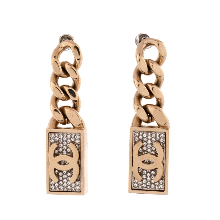 CC Dog Tag Charm Drop Earrings Metal with Crystals