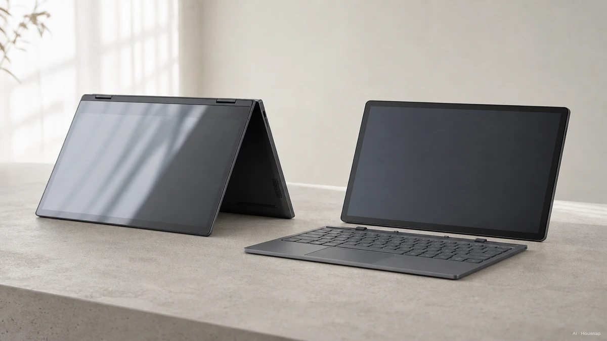 Image: side-by-side of a laptop folded into tent mode and a laptop with its screen fully detached from the keyboard, clean studio setting, no visible brand logos — Illustrazione IA