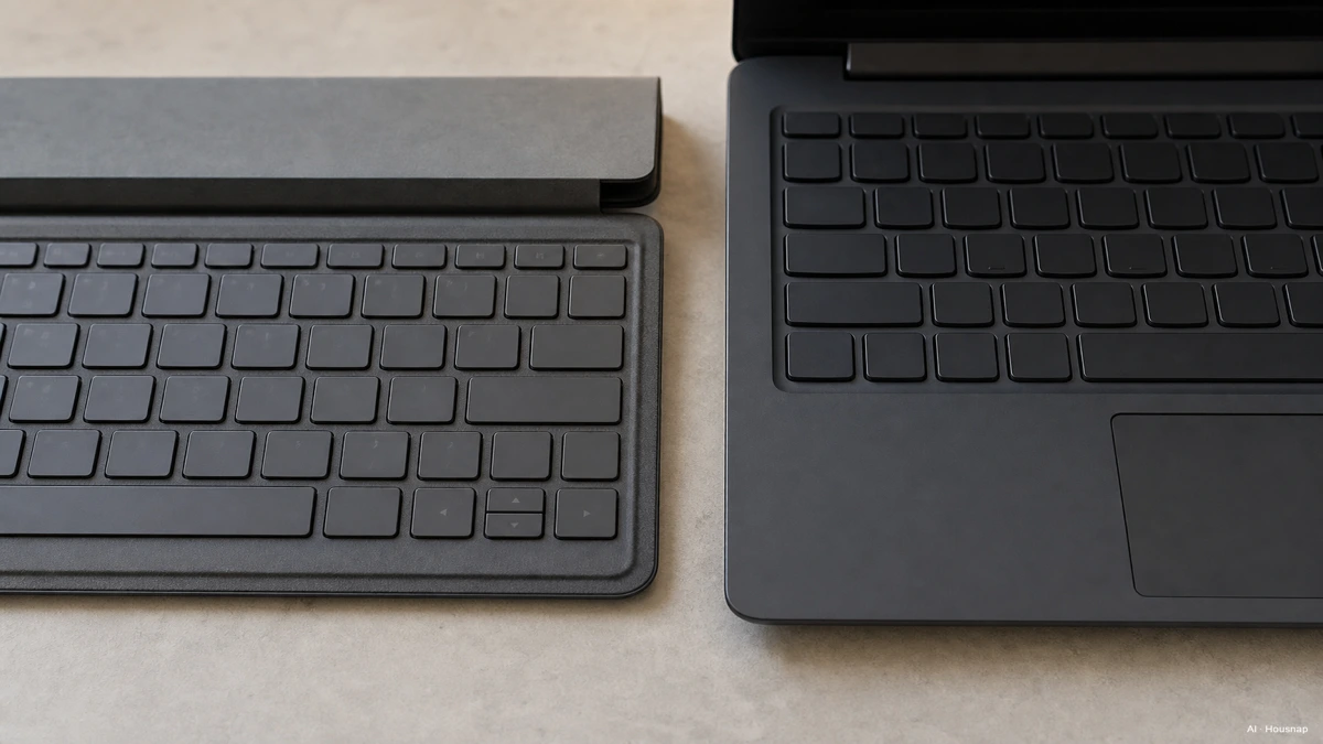 Image: close-up comparison of a shallow chiclet keyboard on a detachable tablet cover next to a deeper-travel laptop keyboard, overhead flat lay, neutral desk background — Illustrazione IA