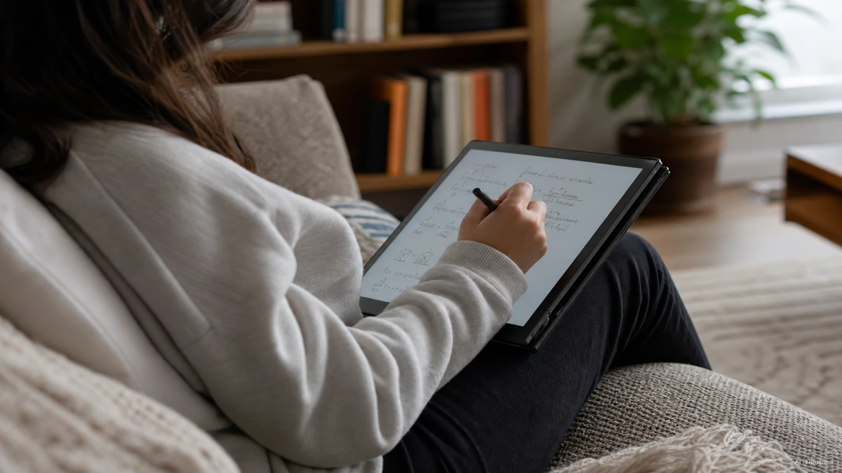 Image: a student on a couch using a 2-in-1 laptop folded into tablet mode with a stylus, taking handwritten notes on screen, warm indoor lighting — Illustrazione IA