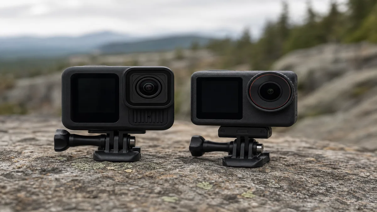 Image: 屋外の岩場に並べて置かれたGoPro Hero 13 BlackとDJI Osmo Action 5 Pro、マウントが開いた状態でロゴは見えない — AIイラスト