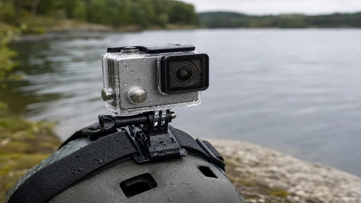Image: ヘルメットのストラップに取り付けられたアクションカメラ、湖のほとりでハウジングに水滴がついている様子、ロゴは見えない — AIイラスト