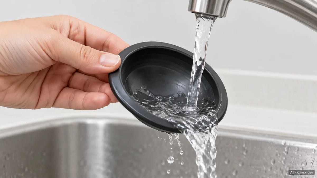 A hand rinses a detached dark plunger seal under running water, with its hollow underside visible.