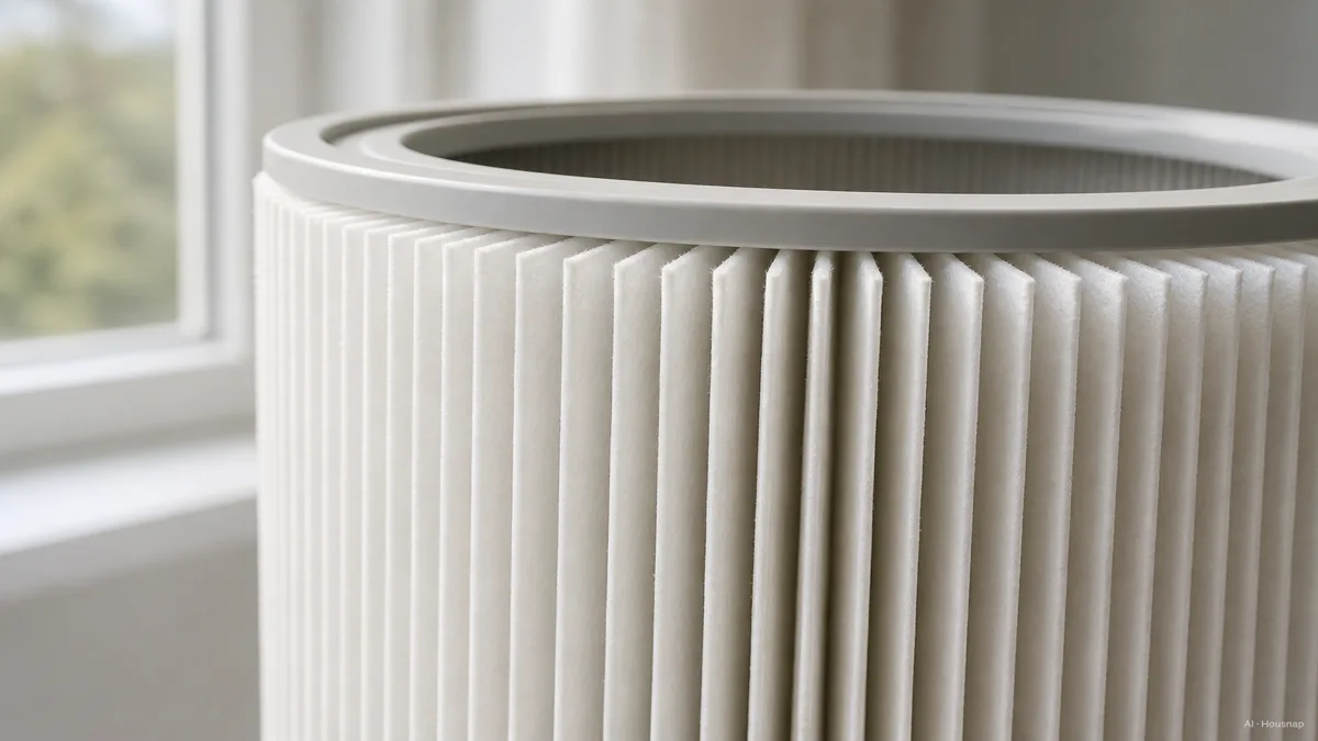 Image: Close-up of a pleated HEPA filter cartridge held up to soft window light, clean white fibers visible in the folds, calm instructional product-photography style