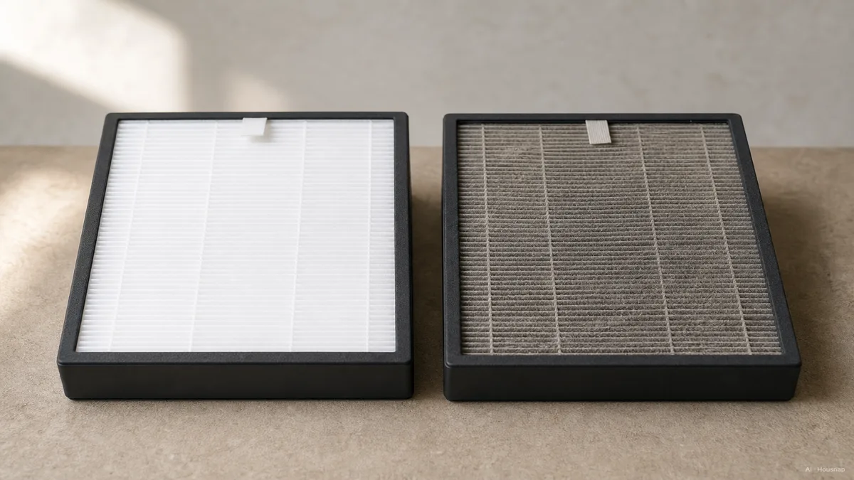 Image: A simple before-and-after pair, a clean white HEPA filter beside a visibly gray, dust-darkened one, side by side on a neutral surface, straightforward comparison style