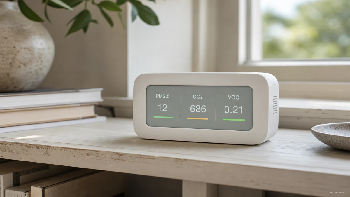 Image: A clean flat-lay style illustration of a small home air quality monitor on a shelf, with three simple labeled readouts glowing softly, PM2.5, CO2, and VOC, calm instructional tone