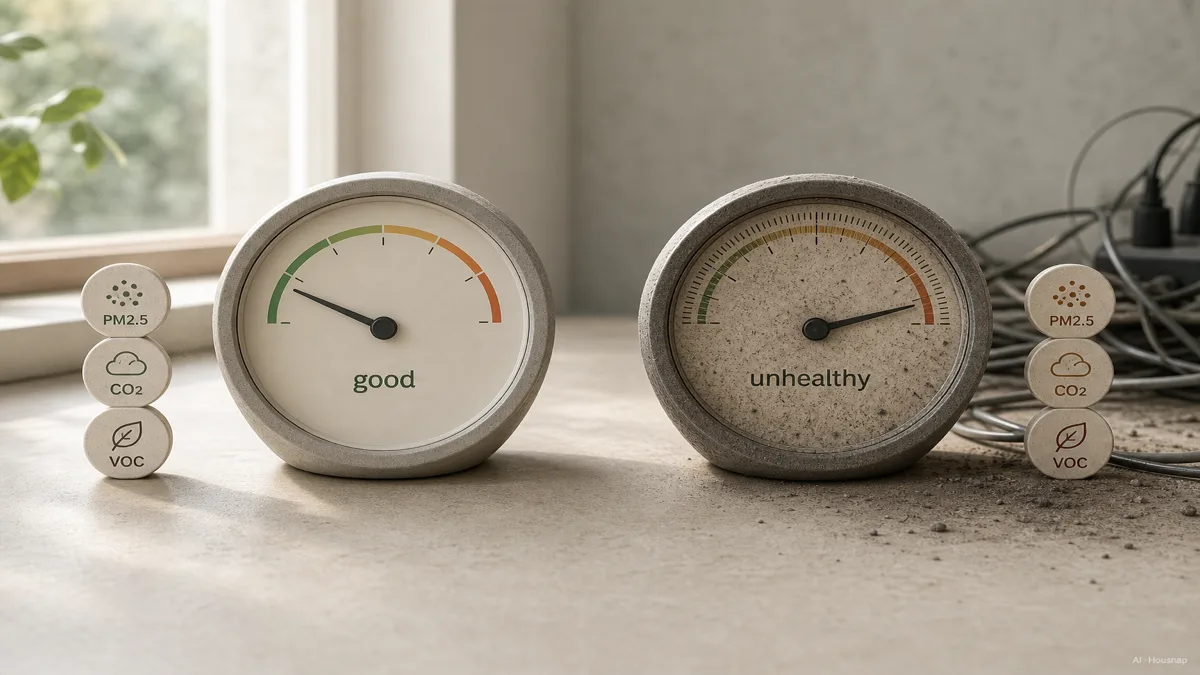 Image: A simple side-by-side comparison graphic of a clean gauge dial reading "good" next to a cluttered dial reading "unhealthy," with small icons for PM2.5, CO2, and VOC next to each, friendly explanatory style
