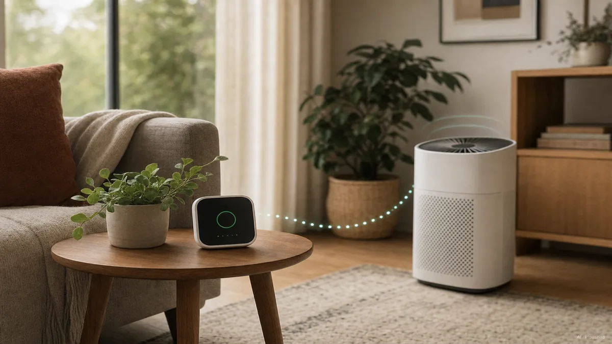 Image: A wide shot of a living room showing a small air quality monitor on a side table and an air purifier running nearby, with a subtle smart-home connection cue between them, warm domestic mood