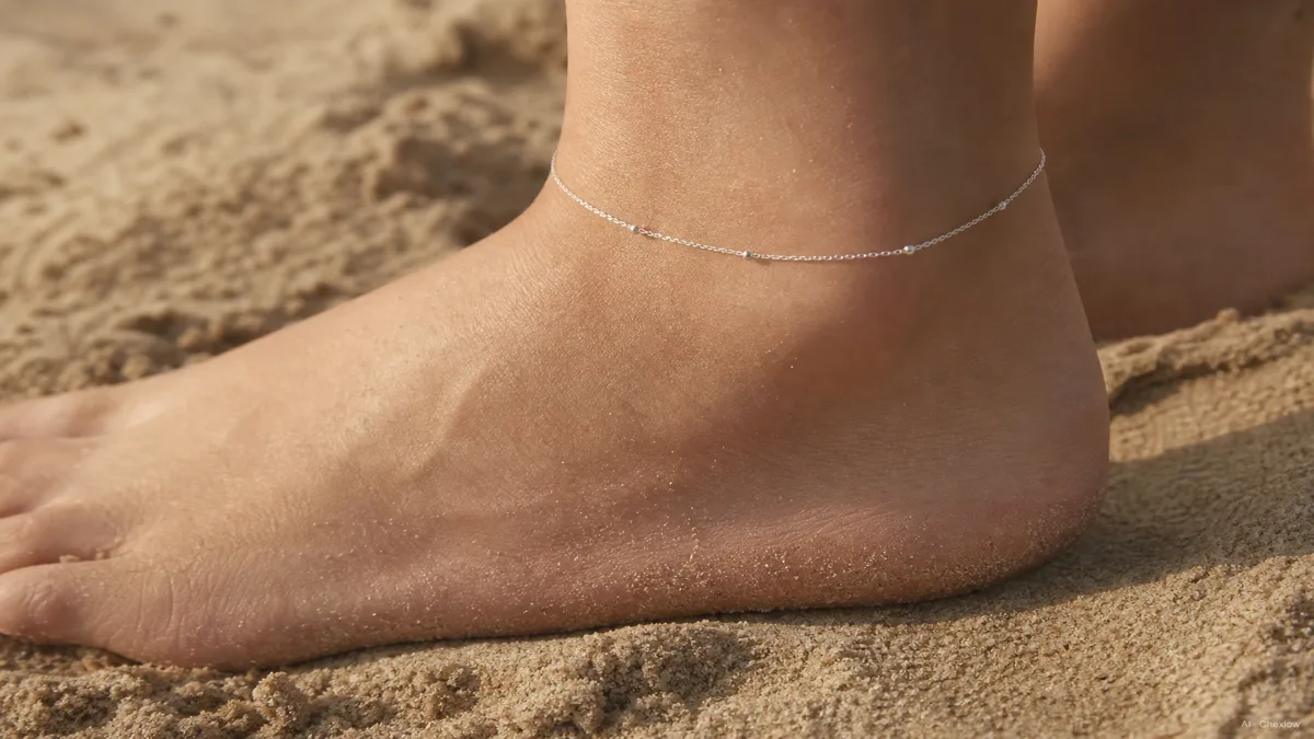 Image: a close-up of an ankle wearing a thin silver anklet chain, bare feet on sand, warm natural light, no faces visible