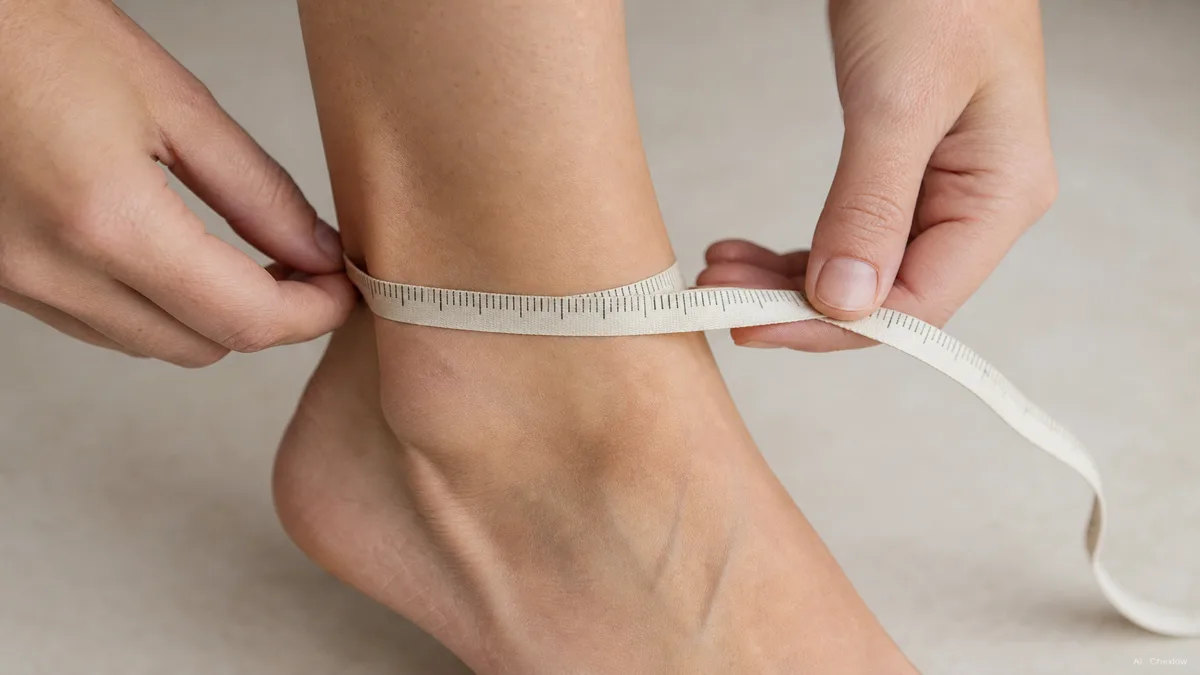 Image: hands holding a soft measuring tape wrapped loosely around an ankle bone, plain neutral background, natural light