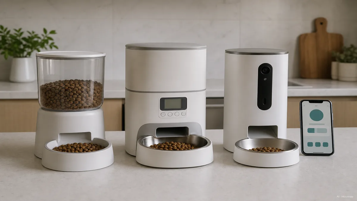 Image: three automatic pet feeders lined up on a clean kitchen counter, a simple gravity hopper on the left, a mid-size programmable feeder with a small screen in the center, and a camera-equipped smart feeder with a phone showing its app on the right — AI illustration