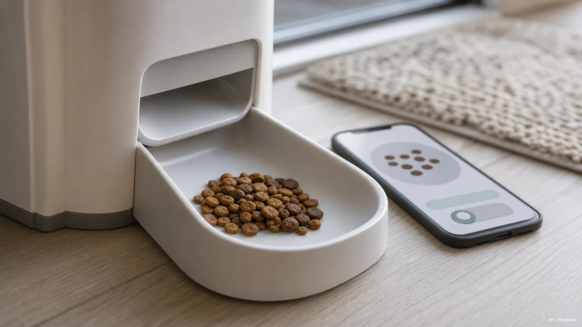 Image: a close-up of a feeder's dispensing tray with kibble portioned out in a small measured pile, a phone showing a portion-size app screen resting nearby, soft indoor light — AI illustration