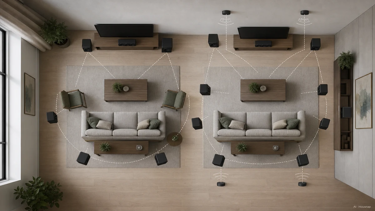 Image: an overhead diagram of a living room comparing a 5.1 speaker layout to a 7.1.4 layout, with two ceiling-mounted Atmos speakers labeled above the seating area — AI illustration