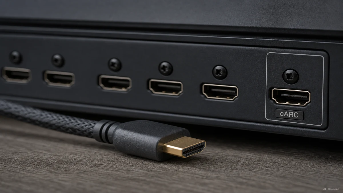 Image: a close-up of an AV receiver's rear panel showing several HDMI input ports and one HDMI output labeled eARC, with an Ultra High Speed HDMI cable resting in the foreground — AI illustration