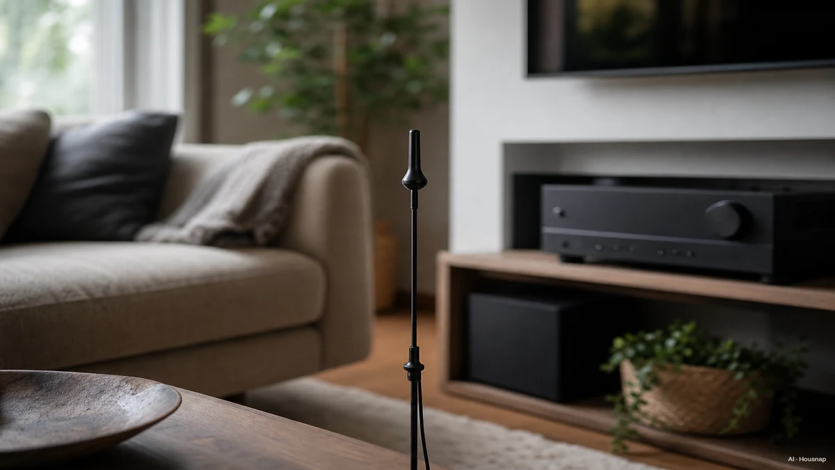 Image: a person setting a small calibration microphone on a stand in the center of a living room seating area, running an automatic room correction setup with the AV receiver visible on a media shelf nearby — AI illustration