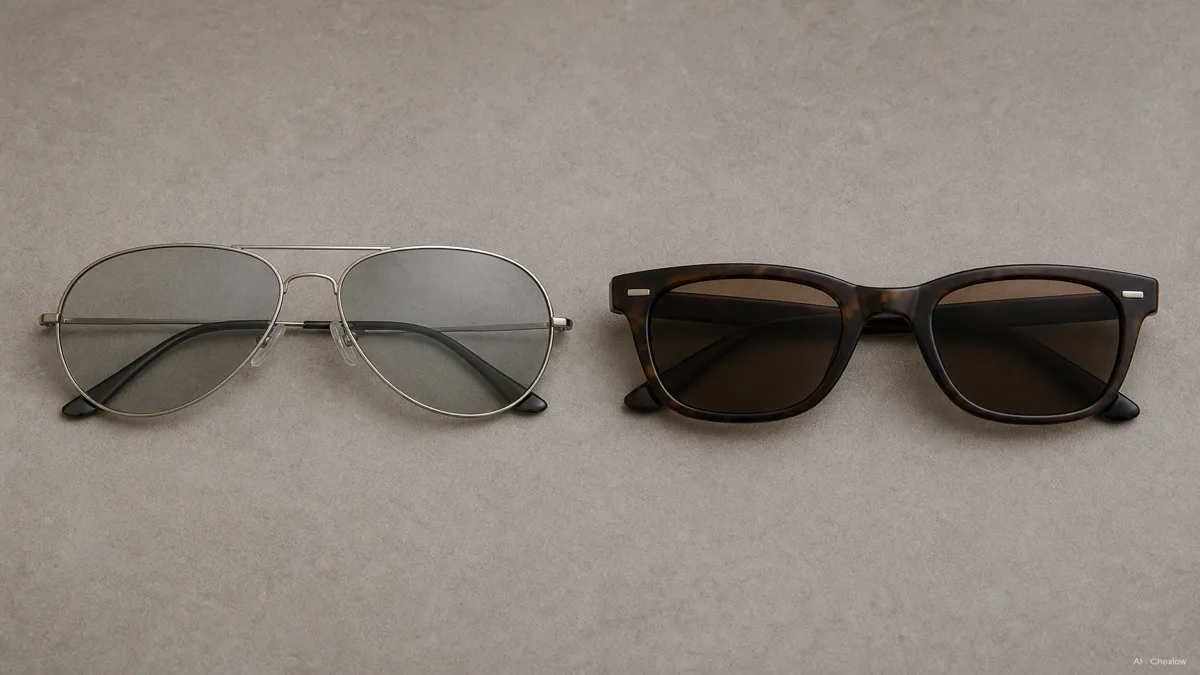 Image: Side-by-side flat lay of a thin metal aviator sunglasses frame with a teardrop lens and a thick trapezoidal acetate wayfarer frame, neutral studio background, soft even light, no visible brand marks
