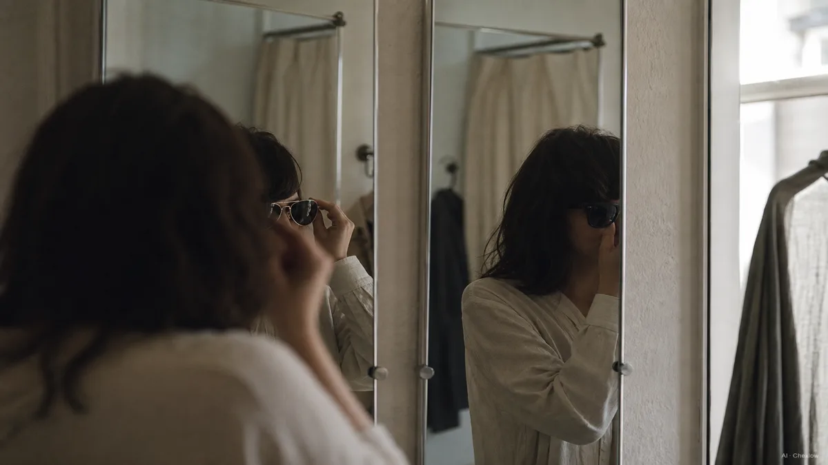Image: A person trying on aviator sunglasses in one mirror reflection and wayfarer sunglasses in an adjacent reflection, soft daylight, no visible brand marks, everyday changing-room setting