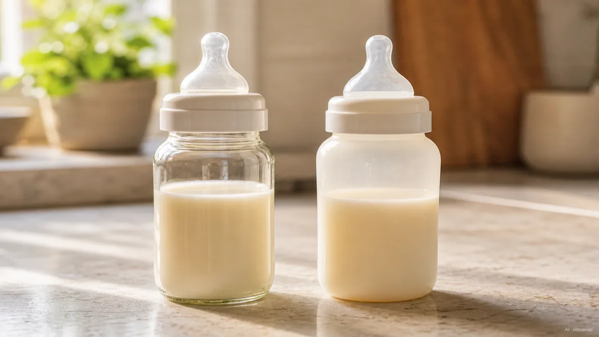 Image: 日の差すキッチンカウンターに、透明なガラスの哺乳びんと半透明のポリプロピレンの哺乳びんが並んで立ち、それぞれに温かいミルクが入っていて、ブランド表記は見えない — AIイラスト