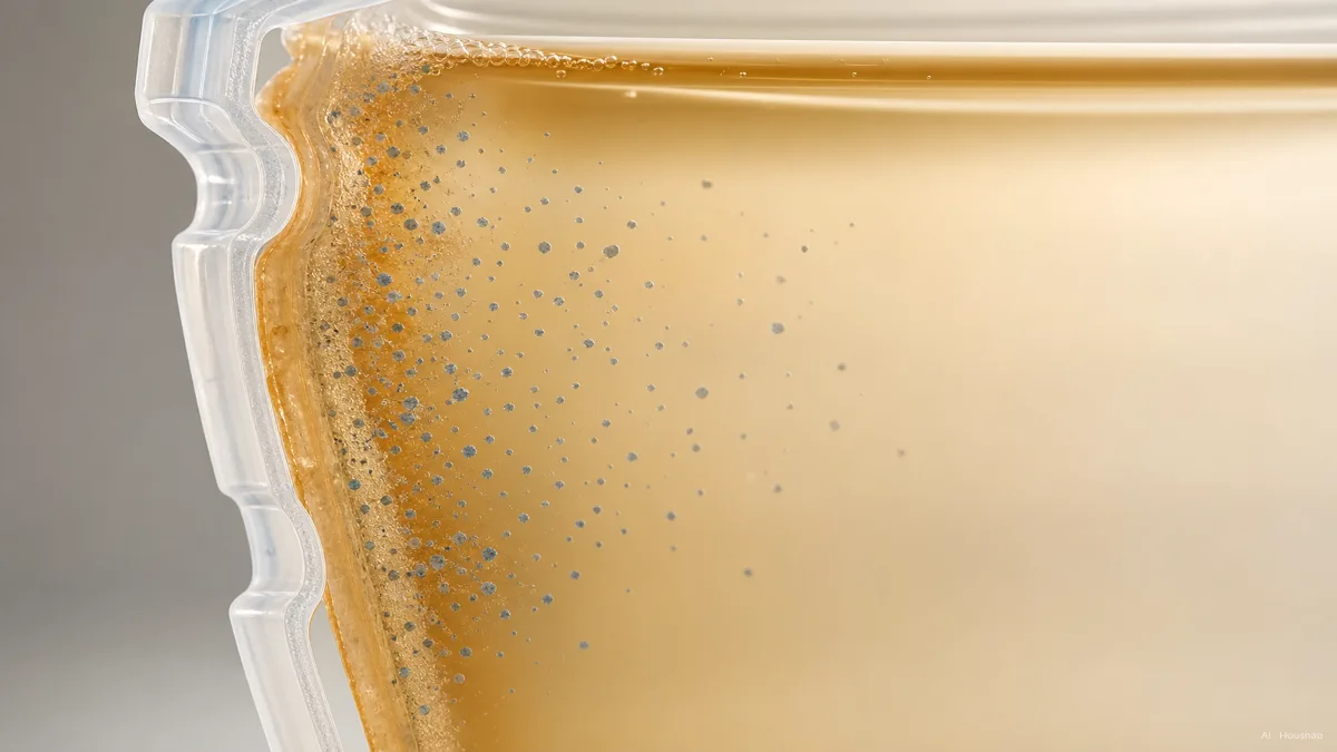 Image: プラスチックのびんの壁の内側にある温かい液体を断面で描いたイラスト、加熱された表面から小さな粒子が漂い出る様子、怖がらせるより説明的なトーン — AIイラスト