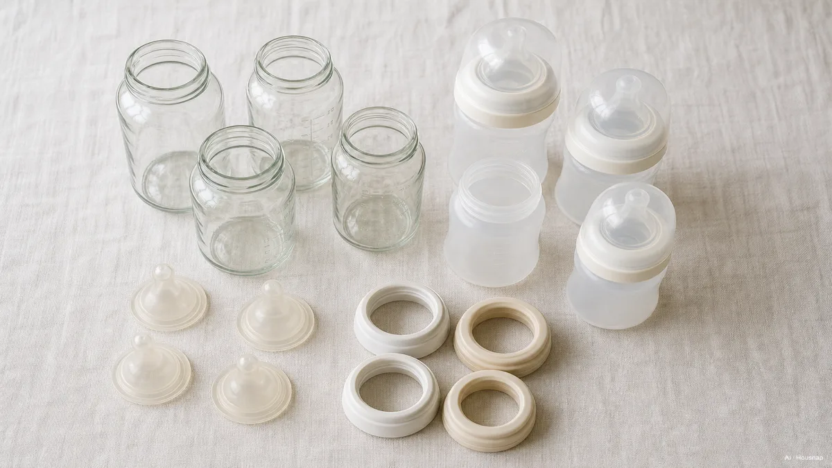 Image: はじめての授乳セットを真上から見た構図、透明なガラスびん数本と半透明のプラスチックびん数本がまとまり、乳首とカラーが整然と並び、やわらかな日ざしが差す — AIイラスト