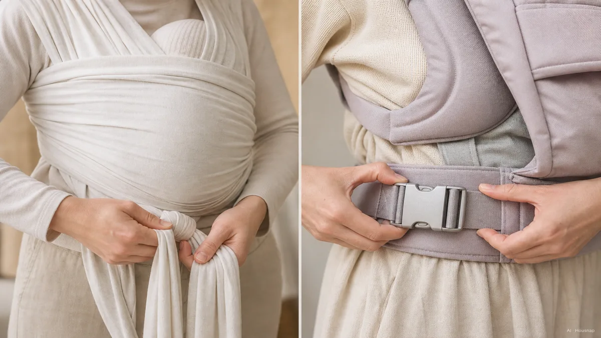 Image: a parent on the left wearing a long stretchy fabric wrap tied across the torso with a newborn, and a parent on the right clicking the buckle of a soft structured carrier, side by side, soft neutral studio light, no branding visible — AI illustration