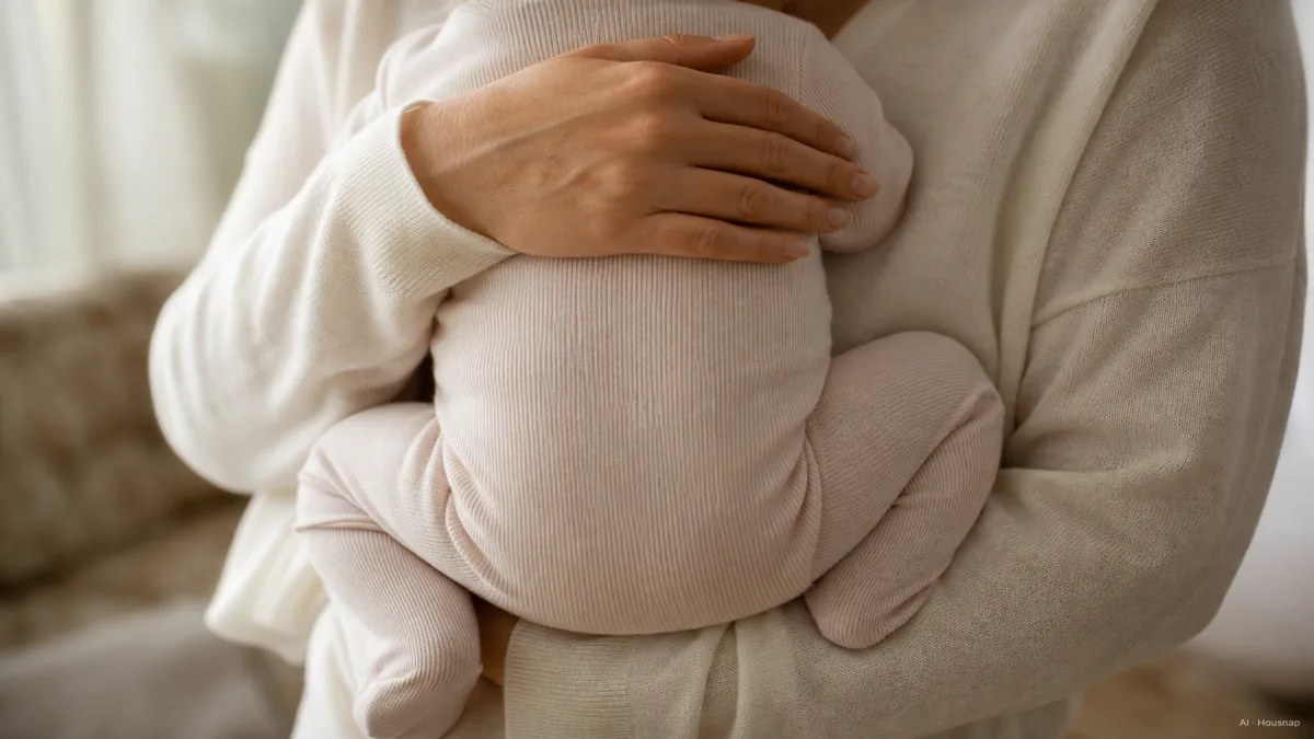 Image: a close, calm view of a newborn held chest to chest in a soft stretchy wrap, knees drawn up higher than the bottom in a natural spread position, parent's hand resting on the baby's back, warm soft daylight — AI illustration