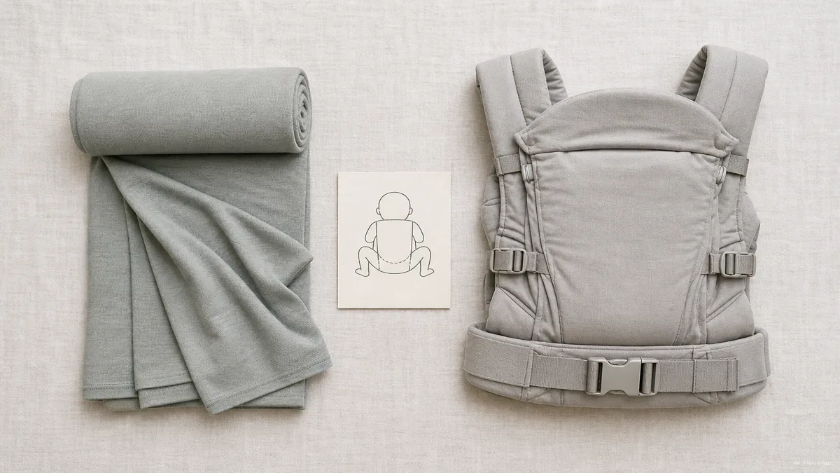 Image: a flat-lay of a first babywearing set, a folded stretchy fabric wrap beside a neatly clipped soft structured carrier, a small printed safety card showing an M-position icon, soft daylight, no branding visible — AI illustration