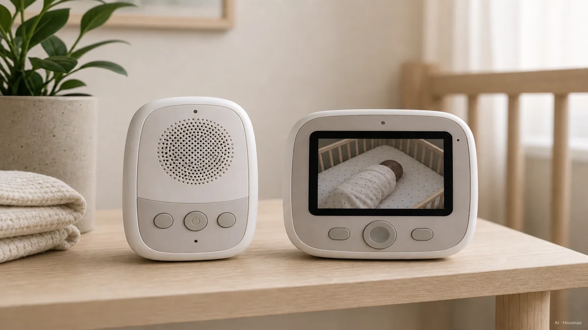 Image: a small nursery shelf with two baby monitor parent units side by side, one plain speaker-style audio unit and one with a small video screen showing a sleeping baby, soft warm lighting, no visible branding — AI illustration