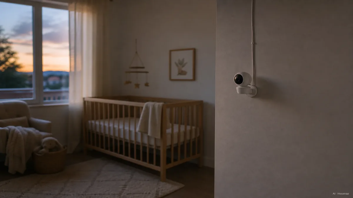 Image: a calm nursery scene at dusk, a crib in soft focus in the background with a wall-mounted baby monitor camera clearly more than an arm's length away and its cord routed neatly upward along the wall, no branding visible — AI illustration