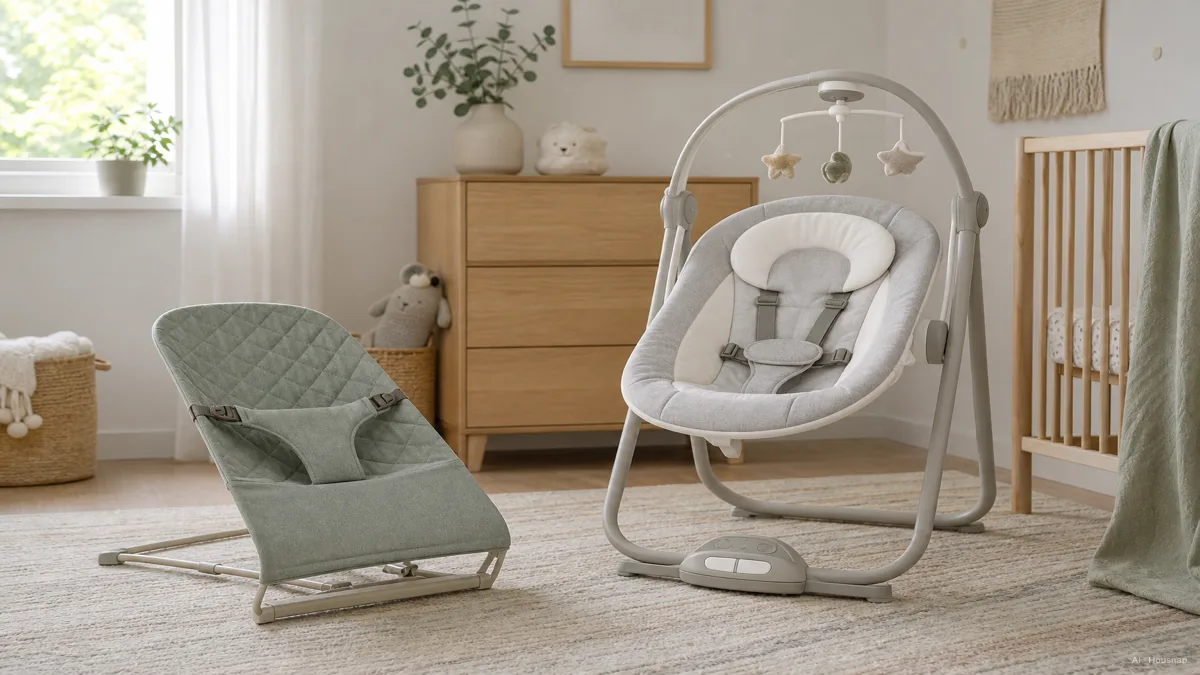 Image: side-by-side comparison, a lightweight foldable bouncer seat on one side of a nursery and a larger motorized baby swing on its own stand on the other side, soft daylight, no visible branding — AI illustration