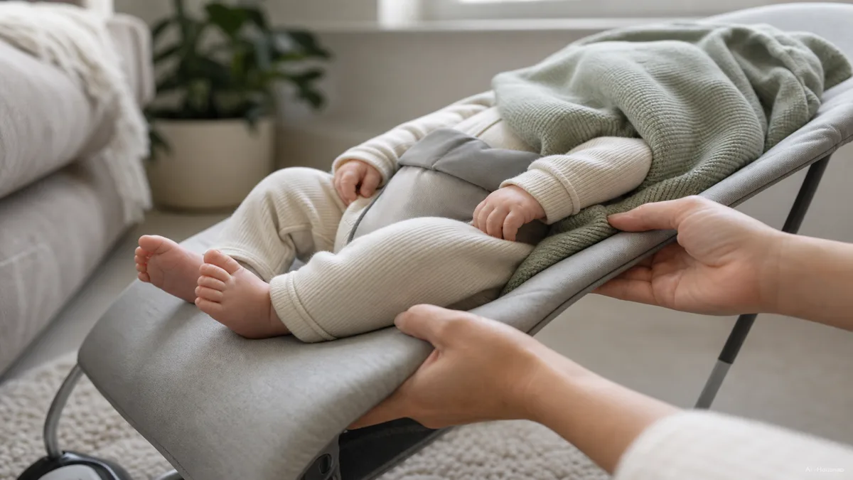 Image: a parent checking a baby's fit in a bouncer seat at home, gently testing whether the baby can push up against the seat's edge, soft natural light, no visible branding — AI illustration