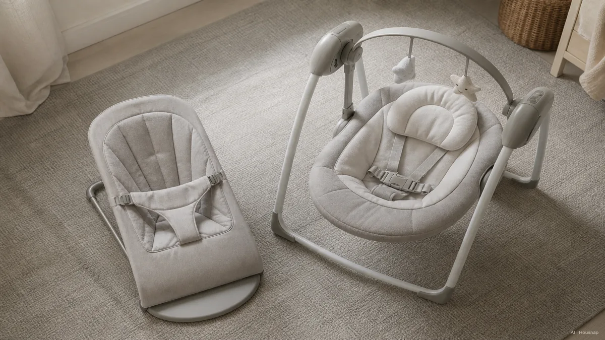 Image: a flat-lay of a first swing-or-bouncer shopping decision, a compact foldable bouncer seat beside a larger motorized baby swing frame, soft neutral daylight, no visible branding — AI illustration