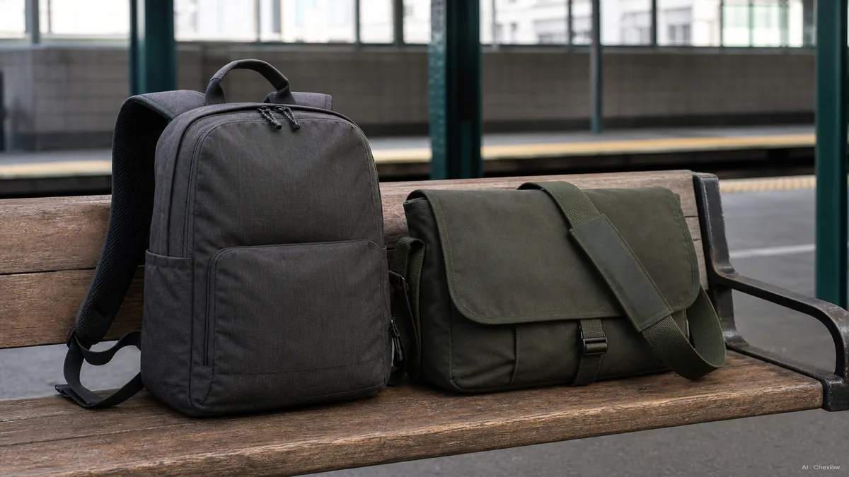 A backpack and a messenger bag standing side by side on a subway platform bench, no visible brand marks, soft daylight (AI generated illustration)