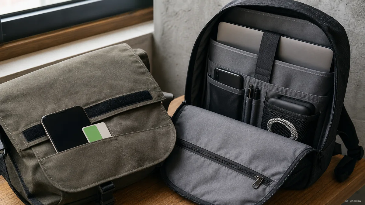 Close-up of a messenger bag's front flap opened one-handed to reveal a phone and transit card, next to an open backpack showing padded laptop sleeve and organizer pockets, no brand logos (AI generated illustration)