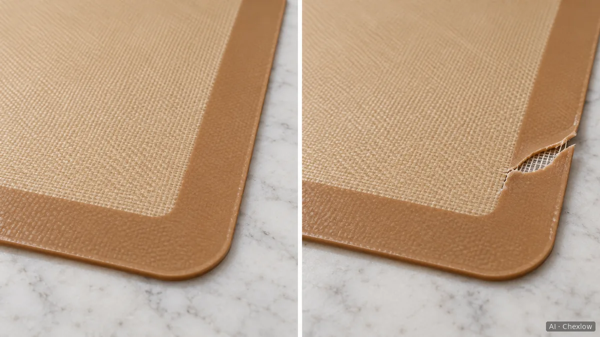Illustration comparing an intact reinforced baking mat with a slight surface sheen and a torn mat edge with exposed mesh