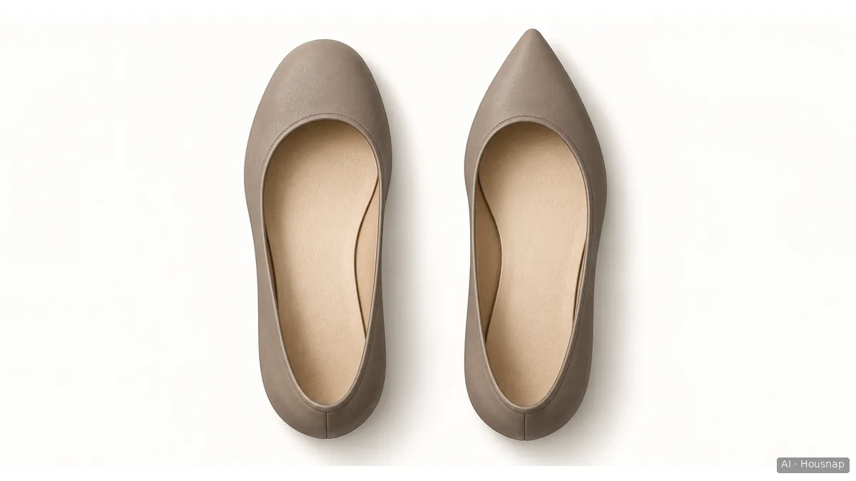 Overhead illustration of two unbranded ballet flats, one with a broad rounded toe and one with a tapered pointed toe. — AI illustration