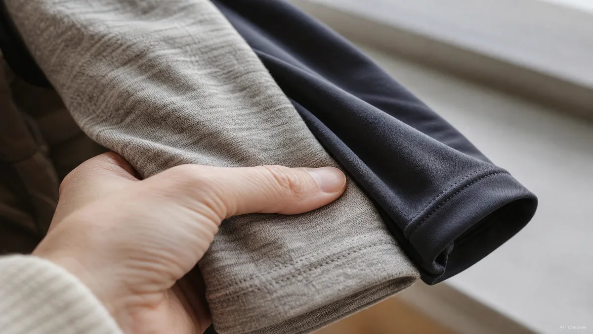 Image: close-up of a hand comparing a fine merino wool base layer sleeve against a smooth synthetic base layer sleeve, natural light, texture visible on both fabrics