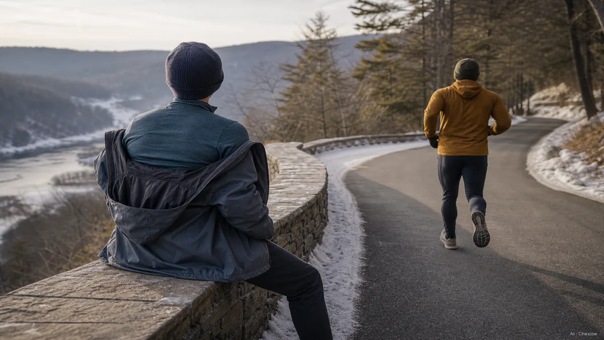 Image: two people on a winter trail, one resting in a merino base layer under a shell jacket at a viewpoint, one running on a paved path in a synthetic base layer, contrasting cold-still and warm-active scenes