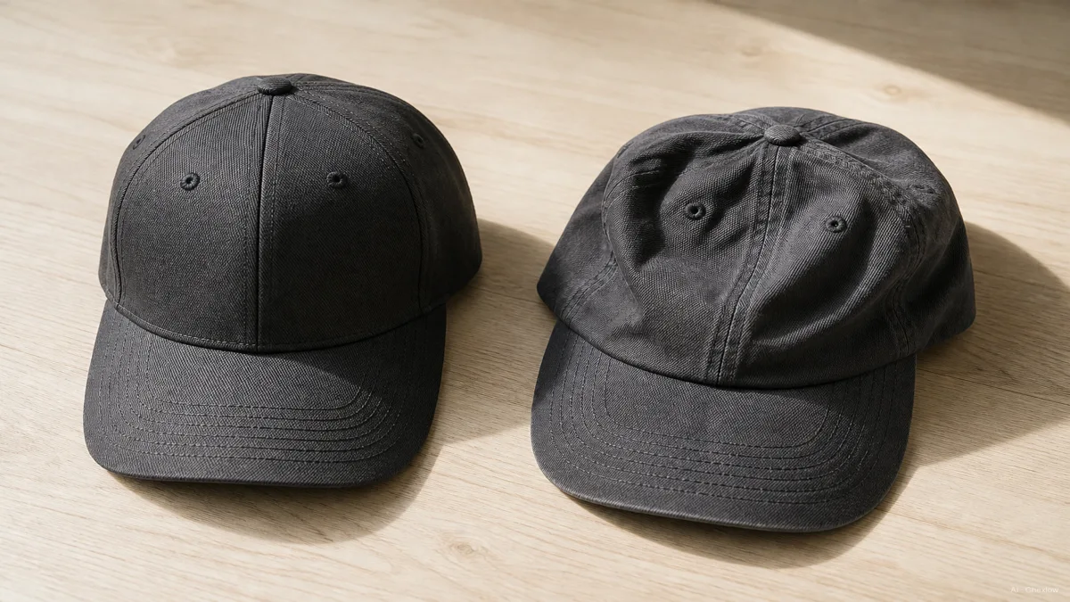 Image: side-by-side flat lay of a structured baseball cap with a crisp rounded crown and a soft unstructured dad hat collapsed slightly at the crown, same charcoal cotton twill, on a pale wood surface in daylight (AI generated illustration)